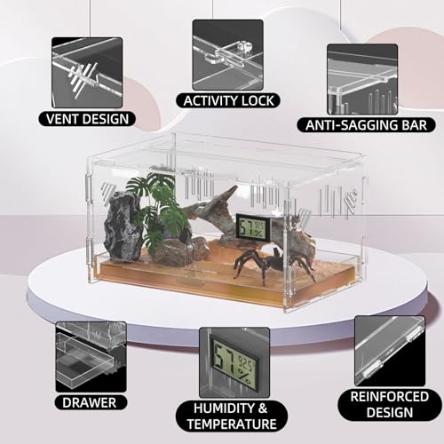 Reptile Terrariums with Temperature Hygrometer, 11.8"x7.9"x5.9" Acrylic Breeding Box Terrarium Cage Tank for Small Reptile Insect Home Office (Terrestrial) - size: Terrestrial--M (Tray)