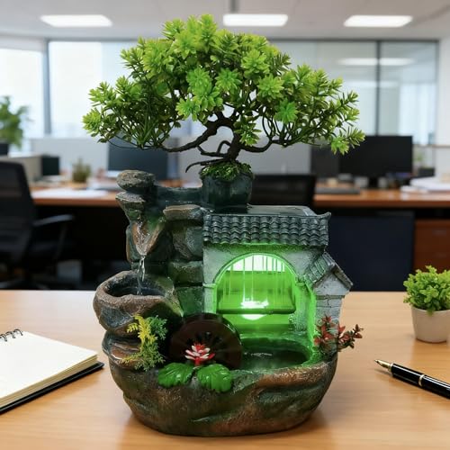 11in Desk Decor Rock Tabletop Water Fountain Indoor Waterfall Gift | Desktop Decoration Feature Humidifier with Pump a& LED Light, Home Office Bedroom Relaxing (No Atomizer)