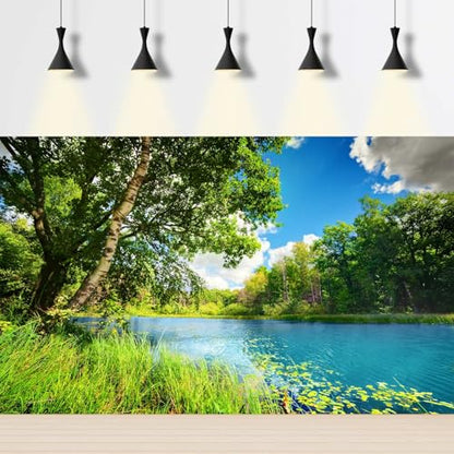 Tranquil Lake Aquarium Background Picturesque Springtime Green Forest Fish Tank Background Stunning Summer Mountain Woodland Terrarium Backgrounds Scenic Lake Blue Sky Reptile Tank Backgrounds 24x12in - color: Warm Green, size: 24(W)x12(H)in