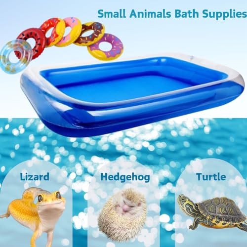 Small Animal Swimming Pool with Inflatable Float Set - Inflatable Reptile Bathing Swimming Pool Bath Tub Reptile Swim Float Ring for Lizard Amphibians Grooming Health Supplies (Blue)