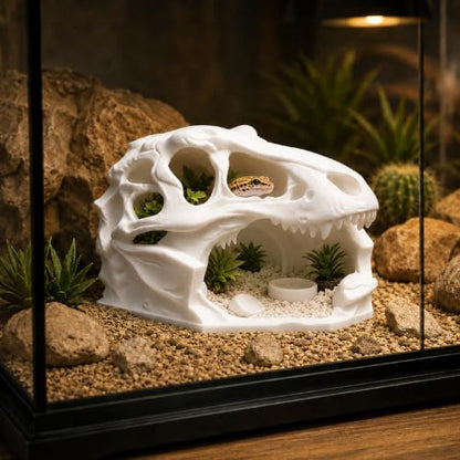 3D Printed Reptile Hide Skull Cave, T Rex Head Terrarium Decor for Leopard Gecko Juvenile Corn Snake Lizard Habitat, White Accent for Small Pets, 3.94 in