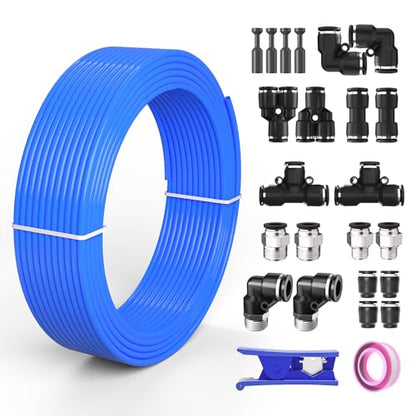 1/2 OD Inch Air Line Hose Tubing Kit Poly Airline Blue | Polyurethane Compressed Pneumatic Compressor Repair Kit With Push To Connect Fittings - color: Blue, size: 1/2" OD