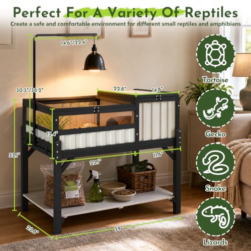Large Tortoise Habitat with Storage Shelf, Wooden & Plastic Tortoise Enclosure with Adjustable Lamp Stand, Viewing Window, Pull-Out Tray, 2-Room Indoor Outdoor Reptile Turtle House - size: 39"L x 22.8"W x 33"H