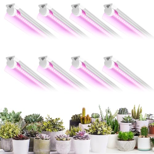 Grow Light for Plants, T8, 2FT, 24W, Full Spectrum, 8 Pack, Linkable | Indoor Grow Light with Reflector, 8x24W High PPFD, Full Spectrum Pink Light , Linkable, Aluminum for Seedlings & Succulents