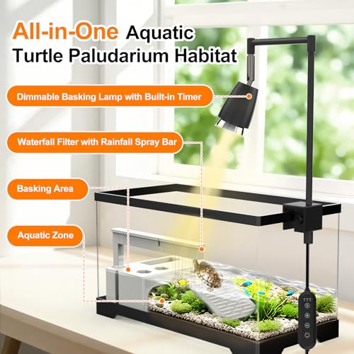 Turtle Tank Kit for Small Turtles, Hatchlings, Aquatic Pets-7.8Gallon with Basking Platform, Timed Heat Lamp & Rain Filter(19.7"*9.5"*9.6")
