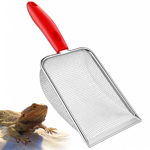 Fine Mesh Metal Reptile Litter Cleaner Scooper, Stainless Steel Mesh Litter Shovel, Black Non-Slip Handle Sifter for Lizard Substrate Reptile Terrarium Sand Waste, Red