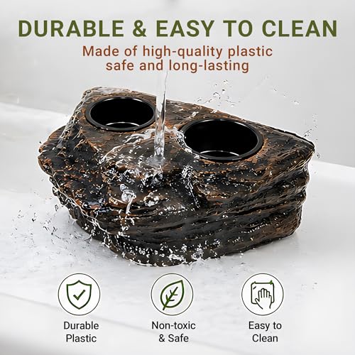 Magnetic Crested Gecko Feeding Ledge with Tongs, 4-Cup Rock Feeder | Made of pet-safe rock plastic for arboreal tanks, this dual-magnet dish stays secure, paired with 6.29in feeding tweezers