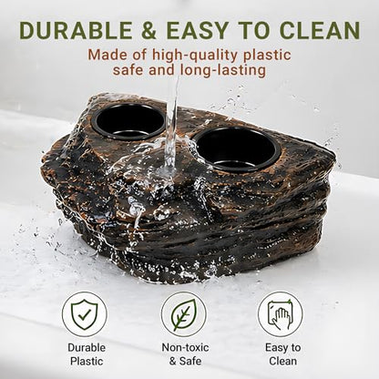 Magnetic Crested Gecko Feeding Ledge with Tongs, 4-Cup Rock Feeder | Made of pet-safe rock plastic for arboreal tanks, this dual-magnet dish stays secure, paired with 6.29in feeding tweezers