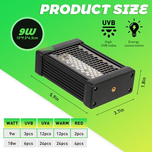 HNRLOY UVB Reptile Light, 9W UVA UVB Dimmable LED Reptile Lamp for Bearded Dragon, Chameleon, Turtles, Gecko, Snake, Lizard, Adjustable 6/10/12H Timer, Dimmable with 3 Lighting Modes - size: 4.9Inch