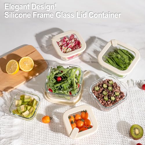 Glass Food Storage Containers with Glass Lids, Microwave Safe Food Container Set, Airtight Meal Prep Containers, LeakProof, 100% Plastic Free, 6 Pack - color: ‎Ivory White -6p