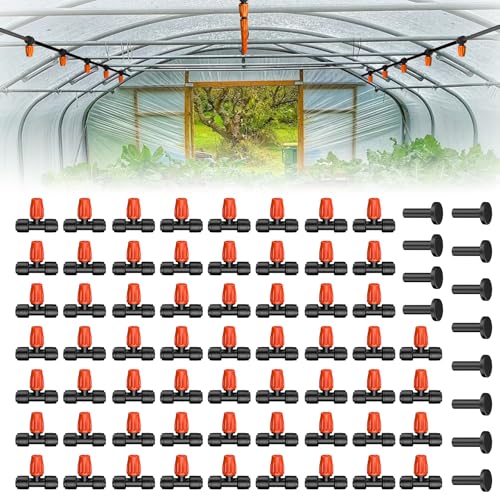 Pawfly 60 Pcs Push-to-Fit Drip Irrigation Spray Emitters with Adjustable 360 Degree Water Flow, Irrigation Drippers with End Plugs, Tee Misting Atomizing Nozzles Micro Sprayers for 1/4 Inch Tubing - size: 60pcs Three-Way Integrated Atomizing Nozzle