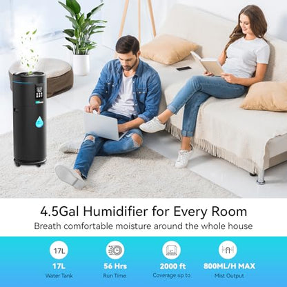 Humidifiers for Large Room Home Bedroom 2000 sq.ft. 17L/4.5Gal Large Humidifier with Extension Tube & 4 Speed Mist,Top Fill Wholehouse Humidifier with 360°Nozzle for Plant Commercial Greenhouse(Black) - color: Black