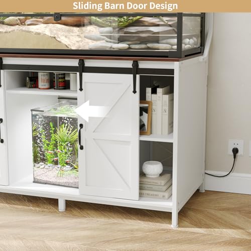VOWNER 48"x24"Reptile Tank Stand with Power Outlet & Storage Cabinet, White | Fits up to 120 Gallon Bearded Dragon Tank, Sliding Barn Doors, Heavy Duty Aquarium Stand, Reptile Turtle Terrarium Stand - color: White + Walnut