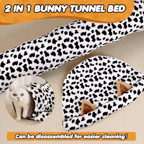 Spardar 2-in-1 Bunny Tunnel Bed, with Removable Mat Hideout, Cow | Collapsible Tunnel Tubes Toys, Washable, Interactive Toys for Rabbits, Chinchilla, Hedgehog, Guinea, Kitty - color: Cow