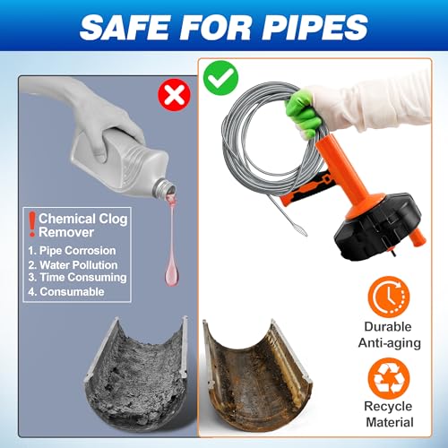 Drainsoon Auto Feed Drain Auger with Drill Adapter, 33 Feet Drain Snake Hair Clog Remover, Manual or Powered Plumbing Snake Drain Cleaner for Bathroom, Shower, Kitchen Sink, Comes with Gloves - color: Orange