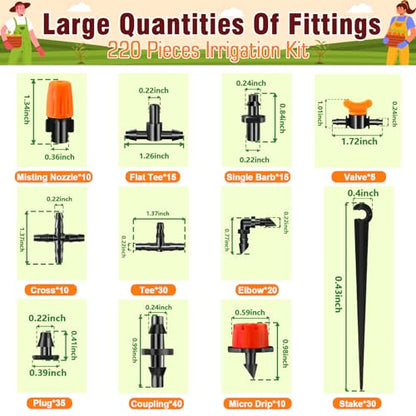 220-Piece Drip Irrigation Fittings Kit for 1/4" Tubing, Complete Set of Drip Barbed Connectors (Nozzle, Micro Dripper, Nozzle Tee, Single Barb, Coupling, Tee, Elbow, Valve, Plug, Cross, Stake) - size: 1/4" Fittings with Box-220P