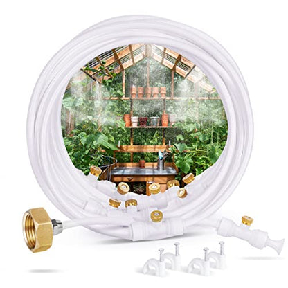 Misting Cooling System, 59FT (18M) Pre-Assembled Mister Kit | 16 Brass Mist Nozzles & 3/4" Brass Adapter, Misters for Outside Patio Backyard Cooling, Garden Greenhouse Watering - color: White, size: 59FT / 18M