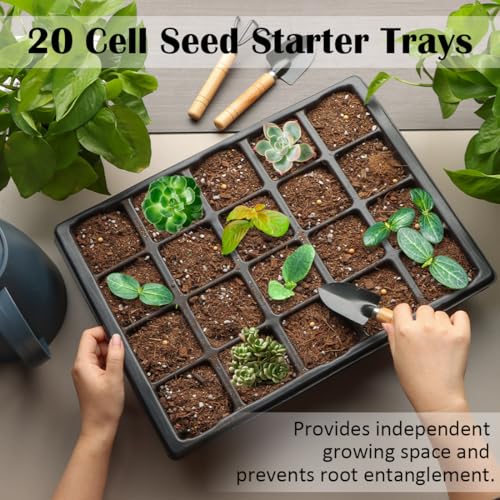 RooTrimmer 10 Pack 2.5 inch Square Pots 3.5 inch Deep 20 Cell Seedling Plug Trays with Water Collection Nursery Trays (15"x11"x3") for Seeds Starting and Transplanting - size: 20 Cell Plug Trays + Flat Trays-10P