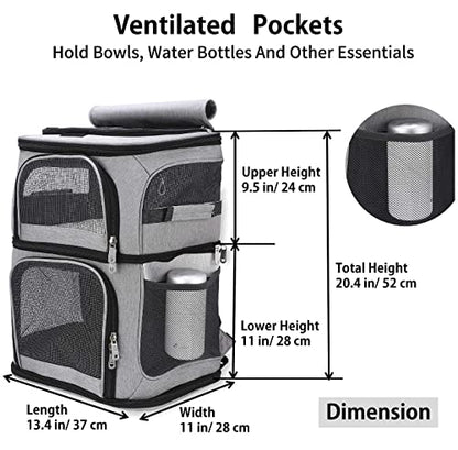 Double Cat Carrier, Cat Backpack Carrier for 2 Cats, Multi Dog Backpack, Two Cat Carrier with 7 Ventilation Windows, Built-in Frame and Support Plate, Safety Straps, Collapsible, Perfect for Travel - color: Grey Double