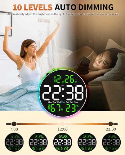 10 Inch Large Digital Wall Clock with 9 Color Changing Remote Control, Date Week Temperature, Auto Brightness Dimmer Big Clock with Night Lights,Green - color: Green