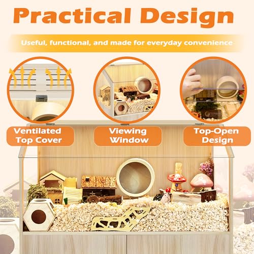 PROLEE Hamster Cage with Storage Cabinet,Large Hamster Encloure Chew Proof Wood,Clear View Hamster Habitat for Guinea Pig, Ferret, Rat, Hedgehog, 40" L x 20" W x 47" H (Oak) - color: Oak