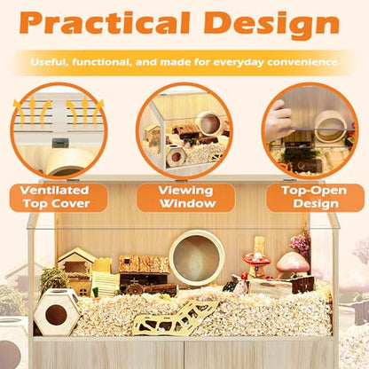 PROLEE Hamster Cage with Storage Cabinet,Large Hamster Encloure Chew Proof Wood,Clear View Hamster Habitat for Guinea Pig, Ferret, Rat, Hedgehog, 40" L x 20" W x 47" H (Oak) - color: Oak