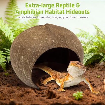 PINVNBY Large Natural Coconut Reptile Hideouts Lizard, Coco Hut Hermit Crab Hut Aquarium Fish Hide Cave for Small Reptile Crested Gecko Leopard Gecko Spider Snail Climber Toys - size: Extra Large Size, 1 PCS