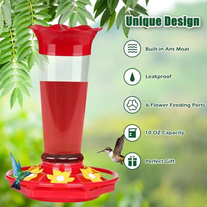 10oz Plastic Hummingbird Feeders for Outdoors - 2 Pack, Ant & Bee Proof, 6 Feeding Ports, Easy Clean Red Nectar Feeders for Outside Hanging, Gifts for Mom
