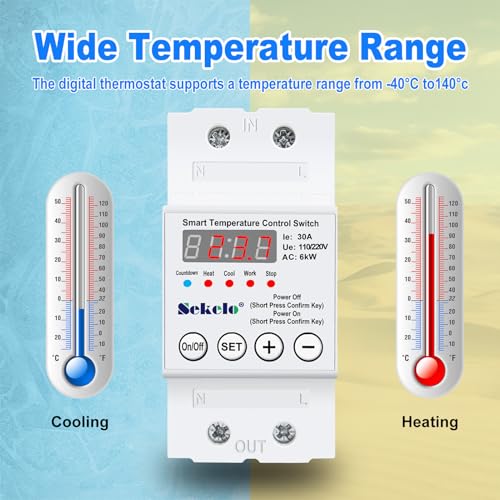 High-Power Temperature Control Switch, 63A 110V/220V Digital Thermostat | -40°C To 140°C Range, Real-Time LCD Display, Heating Cooling Control, Rail-Mounted, for Greenhouses, Aquaculture,Boilers