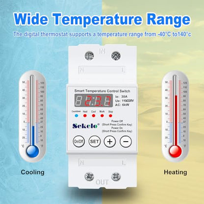 High-Power Temperature Control Switch, 63A 110V/220V Digital Thermostat | -40°C To 140°C Range, Real-Time LCD Display, Heating Cooling Control, Rail-Mounted, for Greenhouses, Aquaculture,Boilers