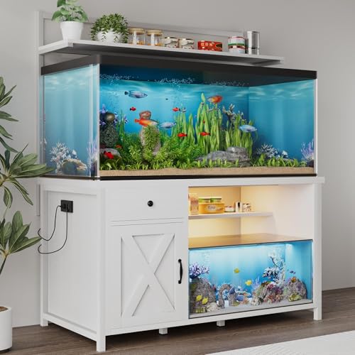 55-75 Gallon Fish Tank Stand with Storage, Aquarium Stand with Shelf, White | 49.2 x 19.7 In Top, Upper Shelf, LED Light, 2 Outlets, 2 USB Ports, Metal Frame Support, Turtle Tank Stand, 1100 LBS - color: White