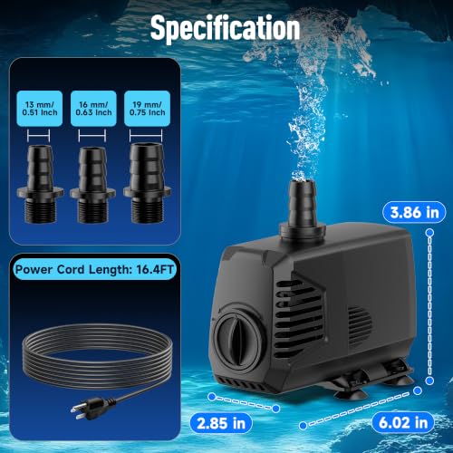 680GPH Submersible Water Pump, Water Fountain (2400L/H, 55W) with 8.5FT High Lift Adjustable & 3 Nozzles & 16.4FT Cord, Ultra Quiet Aquarium Pump for Pond Fountain Waterfall Hydroponics-Q104 - size: 680GPH