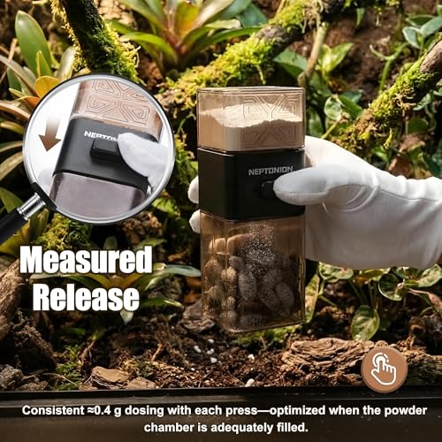 【Metered Dose; ~0.4 g/Press】 Reptile Calcium Powder Mixer, Cricket Keeper Dispenser Feeder, One-Click No-Mess Duster for Chameleon, Gecko, Lizard & Frog
