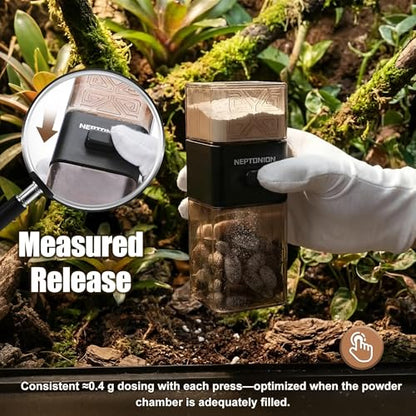 【Metered Dose; ~0.4 g/Press】 Reptile Calcium Powder Mixer, Cricket Keeper Dispenser Feeder, One-Click No-Mess Duster for Chameleon, Gecko, Lizard & Frog