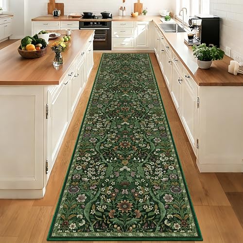 3x12 Floral Runner Rug for Kitchen Washable Hallway Runner Rug | Washable, Low-Pile, Non Slip Runner Rug, Green Floral, Stain Resistant, Soft Rug for Kitchen, Bedside, Laundry Room, Entryway - color: Dark Green, size: 3' x 12' (Runner)