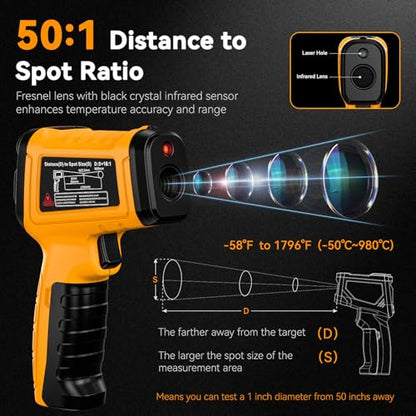 Infrared Thermometer Gun -58°F to 1796°F, 50:1 Temperature | Gun with K-Type Probe -4°F to 932°F for Cooking, Pizza Oven, Griddle, BBQ, HVAC, Automotive, Home & Industrial Use