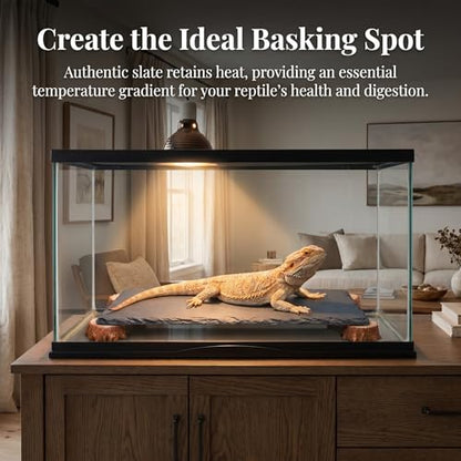 Bearded Dragon Basking Platform with Wooden Stakes, Large Reptile Feeding Station & Tank Accessories, Natural Slate Rock for Climbing and Teething, Habitat Decor for Lizard (Black)