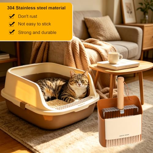 Cat Litter Scoop with Holder, Heavy Duty Stainless Steel Kitty Scooper | with Coarse and Fine Mesh, Includes Broom and Dustpan Set, Quick Sift and Easy Clean, Orange - color: Orange