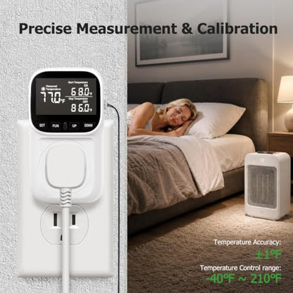 Temperature Controller 15A/1800W, Digital Timer Thermostat Outlet Plug for Fan, Cooling Devices, CyclicTiming/Countdown, VA Display,-40°F~210°F