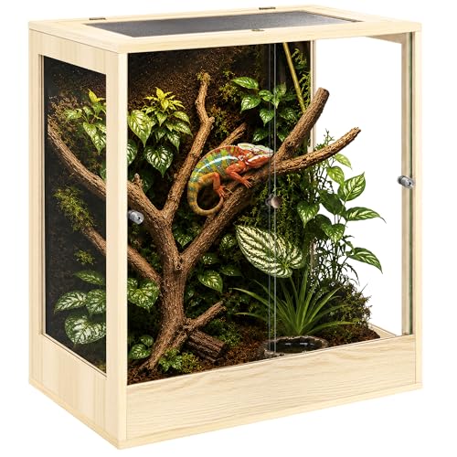 32" x 18" x 36" Tall Reptile Terrarium, 90 Gallon Glass Chameleon Cage, Vertical Crested Gecko Tank with Ventilated Mesh Top, Front Opening Rainforest Habitat, Oak - color: Oak, size: 32" L x 18" W x 36" H, 90 Gallon