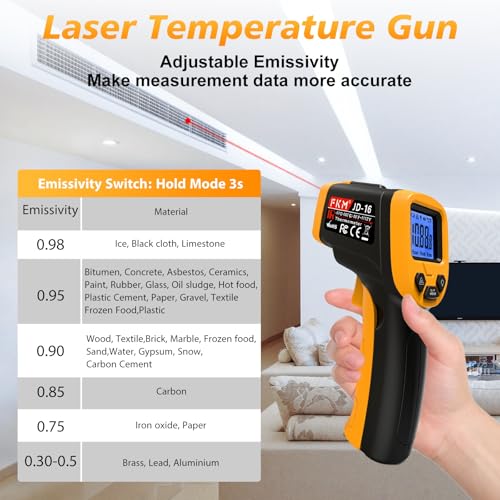 FKM Infrared Thermometer Gun Non-Contact Laser Temperature Gun-58°F~1112°F | Adjustable Emissivity,Digital IR Thermometer Gun for Industrial,HVAC,Automotive,Cooking,Griddle,Pizza Oven,BBQ,Not for Human - color: Black Yellow