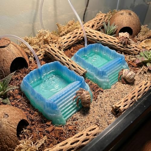 Hermit Crab Pools with Built-in Bubblers – Set of 2 (Fresh & Salt Water) – Upgraded Heat-Resistant PETG 3D Printed Water Bowls with Safe Exit Ramps (Glazed Blue/Green)