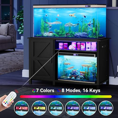 YITAHOME Aquarium Stand with Power Outlets, Black | 55-75 Gallon Fish Tank Stand, Cabinet with RGB Light Strip Suitable for Turtle Tank, Reptile Terrarium, 900LBS Capacity