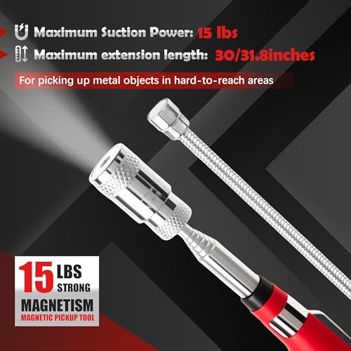 TOOLEAGUE 7Pcs Telescoping Magnetic Pickup Tool Set | Extendable LED Flashlight,Round & Square 360° Inspection Mirror for Men Mechanics, and Handymen, Red