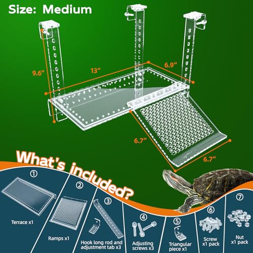 13" Hanging Acrylic Turtle Platform with Ramps | Adjustable hanging acrylic dock with attachable ramps. Solid clamp ensures stable placement on aquatic turtle tank rims - size: 13 x 6.9 Inch
