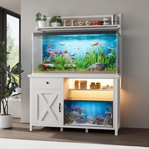 55-75 Gallon Fish Tank Stand with Storage, Aquarium Stand with Shelf, White | 49.2 x 19.7 In Top, Upper Shelf, LED Light, 2 Outlets, 2 USB Ports, Metal Frame Support, Turtle Tank Stand, 1100 LBS - color: White