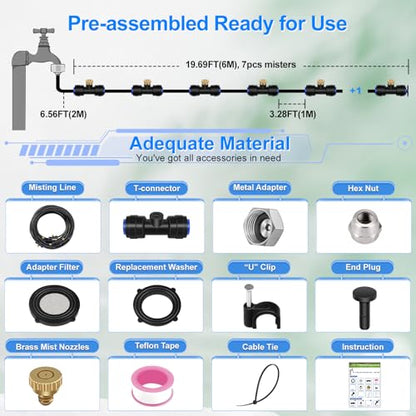 GOXAWEE Misting Cooling System, 26FT (8M) Mist Line, 7 Brass Mister Nozzles | 3/4" Brass Adapter, Outdoor Misters for Outside Patio Backyard Garden Greenhouse Deck Canopy Trampoline Porch Sprinkler Pool - size: 26 ft