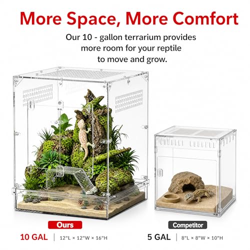 12x12x16 Acrylic Reptile Terrarium, Large Reptile Enclosure with Watertight Bottom, 10 Gallon Clear Reptile Tank with Front Opening Doors, High Ventilation Habitat Breeding Cage for Turtle Gecko Frog