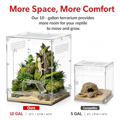 12x12x16 Acrylic Reptile Terrarium, Large Reptile Enclosure with Watertight Bottom, 10 Gallon Clear Reptile Tank with Front Opening Doors, High Ventilation Habitat Breeding Cage for Turtle Gecko Frog