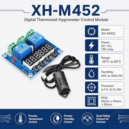 2-Pack XH-M452 Humidity Controller Digital Thermostat, Dual Relay 10A | DC 12V, LED display, independent heating and humidity control, for furnace, humidifier, and incubation projects